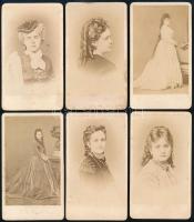 cca 1860-1870 6 db előkelő/divatos hölgy fotója Borsos és Doctor pesti műterméből, egy-két fotó felületén kis foltokkal, 10x6 cm