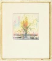 Gross Arnold (1929-2015): Játék-vonat. Színes rézkarc, papír. Jelzett. Üvegezett fa keretben 19x19 c...