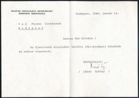 1988 Lázár György (1924-2014) a Magyar Népköztársaság Minisztertanácsa elnökének aláírása köszönőlapon, borítékkal