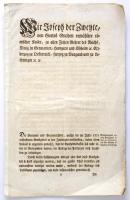 Bécs 1784. Udvari leirat a Bécsi városi bankócédulák (Wiener-Stadt Banco-Zettel) 1784-es sorozatának kibocsátásáról, német nyelven. A mellékletben a 10-25-50-100-500-1000G bankjegyek formuláréjával, merített papír alapú lapon, rendkívül szép állapotban megőrizve. / Vienna 1784. Royal Announcment about the issue of the new series of the Wiener-Stadt Banco-Zettel Gulden banknotes in german language. Appendix with the Formulare of the new banknote series with the denominations of 10-25-50-100-500-1000 Guldens. In exceptionally well preserved condition. Adamo G16M - G22M, Kodnar 16s - 22s