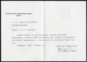 1987 Bányász Rezső (1931-2012) újságíró, diplomata, kormányszóvivő aláírása köszönőlapon, borítékkal