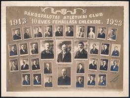 1923 A Rákospalotai Atlétikai Club 10 éves fennállásának emlékére, kartonra ragasztott fotó, foltos, 16×22 cm