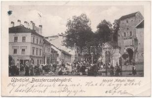 1902 Besztercebánya, Banská Bystrica; Mátyás tér, piac, Steiner B. és Reisz Miksa üzlete / square, market, shops (fa) + ZÓLYOMBRÉZÓ-ZÓLYOM 98. SZ. mozgóposta