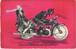 1933 Üdvözlet a Krampusztól! Motoros krampusz láncon magához kötött hölggyel / Krampus on motorbike with lady on chain. B&R 8996.