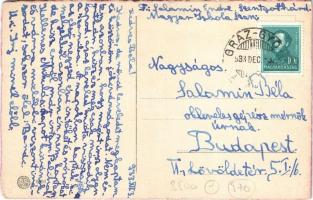 1933 Üdvözlet a Krampusztól! Motoros krampusz láncon magához kötött hölggyel / Krampus on motorbike ...