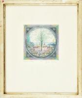 Gross Arnold (1929-2015): Andersen emléklap. Színes rézkarc, papír, jelzett. Üvegezett fa keretben. ...