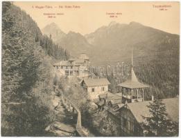 Tátra, Magas-Tátra, Vysoké Tatry; Tarpatakfüred, Középorom csúcs, Lomnici csúcs, szállók. Divald Károly 1472-1907. Hajtatlan panorámalap / Kohlbachtal, hotels. Unfolded panoramacard