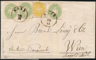 1865 2kr yellow (missing corner) + 3 x 3kr on 2nd zone domestic cover with full content (1kr overfranking) 