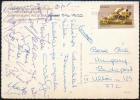 cca 1970 A Ferencváros, Fradi labdarúgói által Ausztriából küldött képeslap a játékosok aláírásával: Magyar, Juhász, stb / Autograph signed postacard of the Hungarian football team Ferencvaros