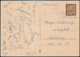 1965 A magyar labdarúgó válogatott labdarúgói által Hamburgból küldött képeslap a játékosok aláírásával: Rákosi, Bene, Mészöly, Albert, stb és Szepesi / Autograph signed postacard of the Hungarian football team
