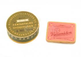 Kéntartalmú gyógypúder papírdoboz és Bayer Pyramidon tabletta gyógyszeres fémdoboz, d: 6,5 cm és 5,5x4,5x0,5 cm