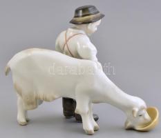 Zsolnay kisfiú kecskével, kézzel festett, hibátlan, m: 17 cm, h: 23 cm