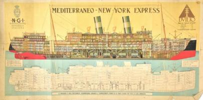 cca 1920-1930 Meditarraneo - New York Express, SS Duilio a NGI (Navigazione Generale Italiana) társaság óceánjáró hajójának keresztmetszeti ábrája, Genova, Barabino&Graeve-ny., szakadásokkal, gyűrődésekkel, hajtásnyomokkal, 53x106 cm