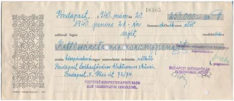 Budapest 1940. "Budapest Székesfőváros Elektromos Művei" váltó 250 aranypengőről okmánybél...