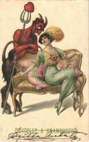 1913 Krampusz vasvillára szúrt szívvel / Krampus with pitchfork and lady. litho