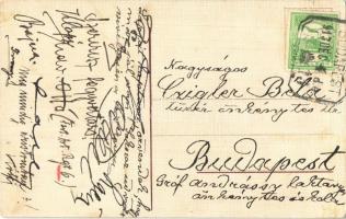 1913 Krampusz vasvillára szúrt szívvel / Krampus with pitchfork and lady. litho