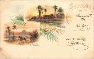 1899 Cairo, Kairo; Le Caire Kafr pres les Pyramides de Sakkarah, Les Pyramides de Gizeh / Saqqara and Giza pyramids. W. Hagelsberg Art Nouveau, floral, litho (fl)