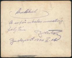 1932 Budapest, öreg autó sofőrökkel, "Emlékül a sofőriskolai ismeretség folytán", hátoldal...