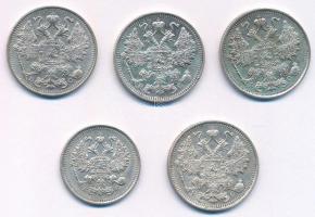 Orosz Birodalom 1913-1916. 15k Ag (4xklf) + 1915. 10k Ag T:1,1- 
Russian Empire 1913-1916. 15 Kopek...