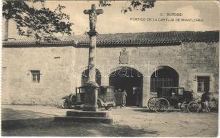 Burgos, Portico de la Cartuja de Miraflores / Carthusian monastery, gate, automobile, horse-drawn carriage (from postcard booklet) (EK)