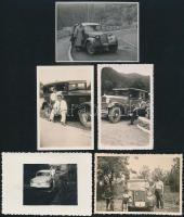 cca 1930-1970 Régi autók, 5 db fotó (közte Trabant P50), több a hátoldalon feliratozott, kb. 9x6 cm