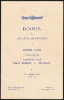1955 Angol-magyar atlétikai viadal vacsorájának menükártyája, aláírásokkal + bankettkártya