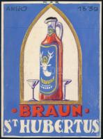 Kónya Zoltán (?-?): Braun St. Hubertus reklámterv, vegyes technika, papír, jelzett, 12,5×9 cm