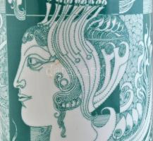 Hollóházi Szász Endre által tervezett mintával díszített porcelán váza, zöld mázzal. matricás, jelze...