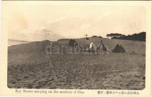 Japanese boy scouts camping on the seashore of Oiso