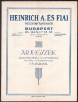 1930 Bp. VIII., Heinrich A. és Fiai Részvénytársaság árjegyzéke, illusztrált, pl. Kalor kályha, hajtott, 11p