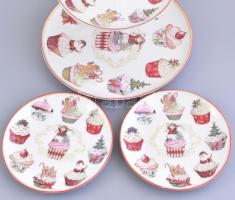 Reggeliző készlet két személyes, két teás csésze aljjal, süteményes kínáló. Modern matricás porcelán