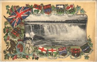 1907 Horseshoe Falls from Canadian Park, Niagara Falls. Border of Ontario, Canada, and New York, United States. Coats of arms of the Canadian Provinces. Art Nouveau, Floral, Emb. litho