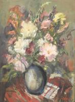Séday Éva (1929-2011): Virágcsendélet. Olaj, farost, jelzett. Sérült fa keretben, 80×60 cm / Oil on wood fibre, signed, framed