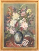 Séday Éva (1929-2011): Virágcsendélet. Olaj, farost, jelzett. Sérült fa keretben, 80×60 cm / Oil on ...