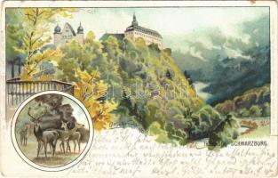 1899 Schwarzburg, castle, deer and stag. Lit. u. Dr. B. Schwenke No. 24. Art Nouveau, litho