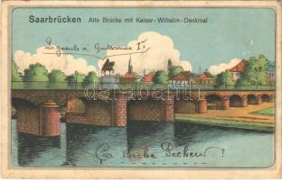 1919 Saarbrucken, Alte Brücke mit Kaiser Wilhelm Denkmal / old bridge, monument