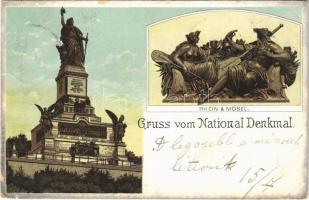 1902 Rüdesheim am Rhein, Gruss vom National Denkmal (Niederwald). Rhein & Mosel / German National Monument. Art Nouveau, litho (EB)