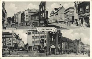 1957 Oberhausen, Sterkrade, Steinbrinkstraße, Bahnhofstraße, Löwen Apotheke, Kreuzung Steinbrinkstr./Bahnhofstr., Brandenburgstraße / street view, pharmacy, shops, tram, automobile