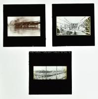 cca 1926 Fiume fotók, 10 üvegdia, benne: torpedógyár, épülő tengeralattjáró, épülő hajó, halcsarnok,...