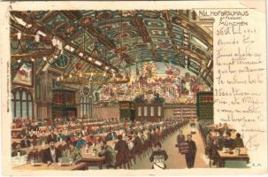 1901 München, Munich; Kgl. Hofbräuhaus, Gr. Festsaal / beer hall, inn, interior. Verlag K. Sanguinetti Art Nouveau, litho