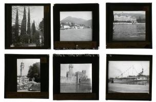 cca 1920-1930 Garda- és a Comói-tót ábrázoló üvegdiák, 39 db, benne egy Luganót ábrázolóval is, feliratozottak, 8x8 cm