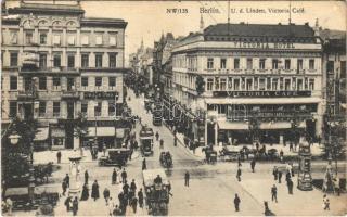 1913 Berlin, Unter den Linden, Victoria Café / street view, hotel and café, shops, automobiles, autobus, horse-drawn carriages
