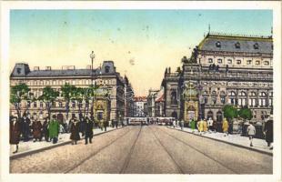 1935 Praha, Prag, Prága, Prague; Nationaltheater von der Brücke der Legionen aus / National Theatre, bridge, tram