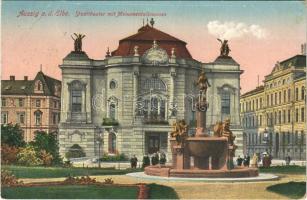 Ústí nad Labem, Aussig; Stadttheater mit Monumentalbrunnen / theatre, fountain