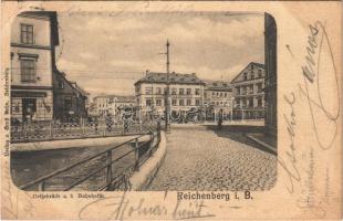 1900 Liberec, Reichenberg; Neißebrücke a. d. Bahnhofstr. / bridge, street view, shops (EK)