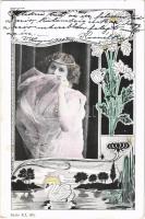 1900 Lady art postcard. Art Nouveau, floral. Serie E. I. 335.