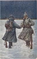 1914 WWI Austro-Hungarian K.u.K. military art postcard, German and Austro-Hungarian soldiers in winter. B.K.W.I. 933-7. s: K. Feiertag