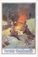 1915 Herzliche Neujahrsgrüße / WWI German and Austro-Hungarian K.u.K. military art postcard with New Year greetings. Deutscher Schulverein (EK)