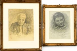 Spányik Kornél (1858-1943), 2 db mű: Időskori önarckép, 1935 és felesége húgának portréja. Szén, papír. Önarckép jelzett. Üvegezett, kissé sérült, javított keretben. 21×15,5 és 19,5x14 cm