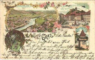 1899 (Vorläufer) Graz, Hauptplatz, Uhr Thurm / main square, clock tower. Ottmar Zieher Art Nouveau, floral, litho (EK)
